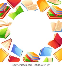 Um modelo que apresenta um quadro de livros coloridos com espaço vazio para texto. Livros didáticos coloridos em várias posições. Conceito para venda de livros, fóruns de livros, bibliotecas, livrarias, de volta à escola.