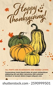 Template featuring pumpkins and autumn leaves, celebrating Thanksgiving Day with artistic flair and evoking feelings of warmth and gratitude. Copy space, vector illustration.