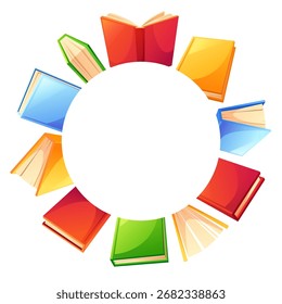 Um modelo com um quadro redondo de livros coloridos com espaço vazio para texto. Livros didáticos coloridos em várias posições. Conceito para venda de livros, fóruns de livros, bibliotecas, livrarias, de volta à escola.