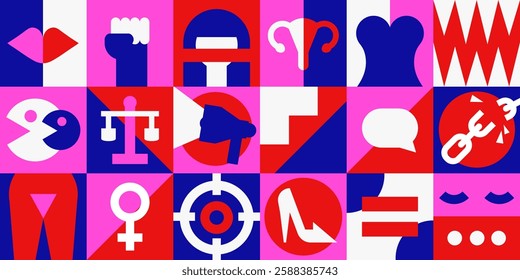 Template of Feminist geometric pattern, mosaic with protest symbols, human rights icons, gender equality signs, and bold text. International Women's Day minimalist art in red, black, white and blue