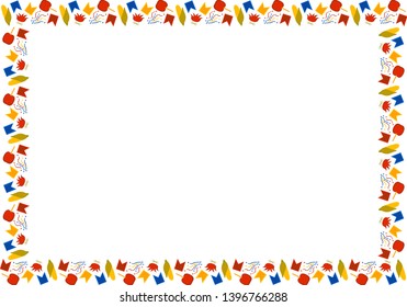 Template for Festa Junina. Brazilian festival in June. Rectangular frame of multi-colored corn, bonfires, flags, confetti, apples in caramel on a white background. Vector.