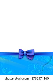 template, festive background with blue silk bow and ribbons in nautical style with water elements. Gift layout for a postcard. Vector