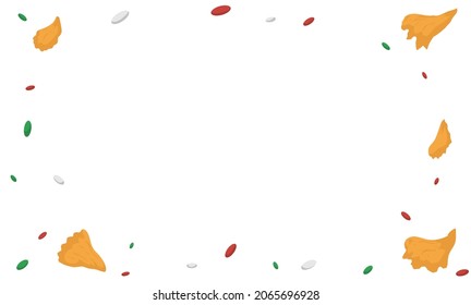 Template with festive marigold petals and confetti with Mexican colors: green, white and red.