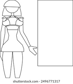 A template figure of a girl stands and points her hand at a frame nearby.