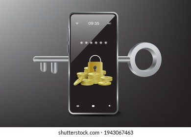 A template for financial security in a smartphone application With smartphones, keys and gold coins as elements,vector financial and shopping onlin concept design