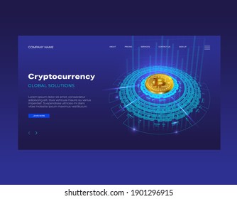 A template for the first landing page on the topic of cryptocurrency. Vector illustration in blue-cyan colors.