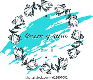 template with fish frame in circle, place for text, blot background