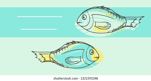 Template for fish menu or card and seafood. Drawn by hand. The background is white with blue and yellow fish.
