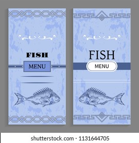 Template of fish menu cover with fishery icon. Sea bass sketch at bottom of vector cover for restaurant with geometric ornament at top and bottom edge