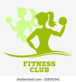 Template for fitness logo, label, emblem. A slender woman with dumbbells. Green Silhouette. Fitness club. Can be used as a print on T-shirts and bags