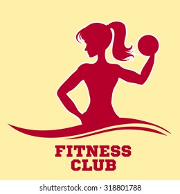 Template for fitness logo, label, emblem. A slender woman with dumbbells. Pink Silhouette. Fitness club.