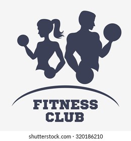 Template for fitness logo, label, emblem fitness club and gym. Silhouette of a man / athlete and slender woman with dumbbells.