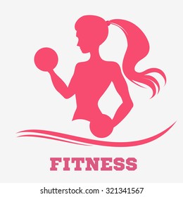 Template for fitness logo, label, emblem. A slender woman with dumbbells. Pink Silhouette. Isolated. Fitness club.