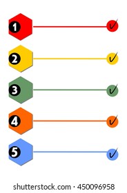 Template for five steps process with hexagonal elements, numbers, lines. Infographic template with multicolored elements. 