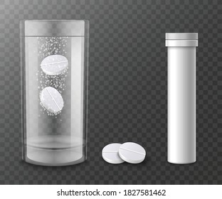 Template of fizzy tablets in glass of water, laying on surface and container for pills storage, realistic vector illustration isolated on transparent background.