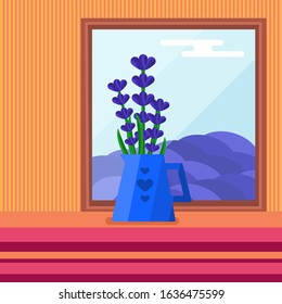 Template of flat design with bouquet of lavender flower in the jug on the table and view in window on the lavenders field.Vector illustration