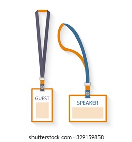 Template, flat design icons of lanyard and badge isolated on white. Vector illustration.