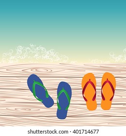 template with flip-flops on the pier next to sea. vector illustration