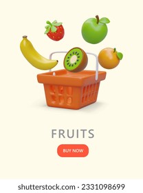 Plantilla con frutos realistas flotantes. Carrito de compras, fresa 3D, manzana, plátano, kiwi, naranja. Suministros de los agricultores. Publicidad web con enlace de botón a tienda de comestibles en línea