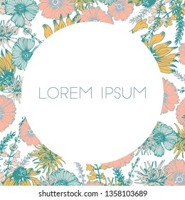 Template with floral border for banner, card, invitation, etc. Vector background with hand drawn flowers