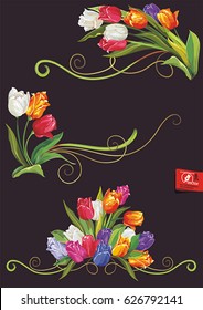 Template with floral elements of tulips for spring design. Bouquet of colorful flowers, isolated on black background. Summer illustration