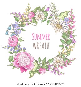 Template with floral elements. Wreath with field flowers.Vector delicate invitation with peony, bluebells and  filed flower for wedding, marriage, bridal, birthday, Valentine's day. 