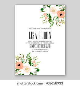 Template floral wreath wedding or bridal shower invitation card of rose ranunkulus