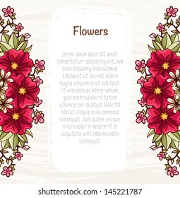 Template with flowers. Card with bright flowers and leaves composition. Summer mood. Vector file has few layers for easy using.