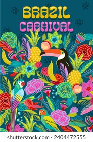 Template with  flowers, fruits, birds, musical instruments. Brazil carnival. Vector design for carnival concept and other use