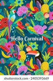 Template with  flowers, fruits, birds, musical instruments. Brazil carnival. Vector design for carnival concept and other use