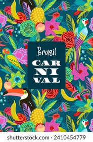 Template with flowers, fruits, birds, musical instruments. Brazil carnival. Vector design for carnival concept and other use