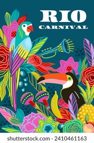 Template with flowers, fruits, birds, musical instruments. Brazil carnival. Vector design for carnival concept and other use