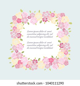 Template with flowers for party invitation, greeting card, postcard, girl birthday, Mother's Day, Woman's Day, Warm Season Card. Vector illustration.