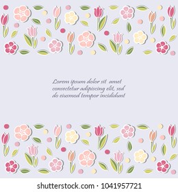 Template with flowers for party invitation, greeting card, postcard, girl birthday, Mother's Day, Woman's Day, Warm Season Card. Vector illustration.