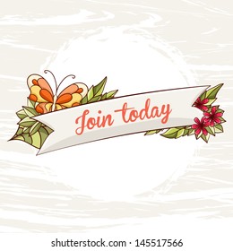 Template with flowers, ribbon and butterfly. Grunge background.