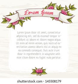 Template with flowers and ribbons. Card with bright flowers and leaves composition. Summer mood. Vector file has few layers for easy using. 