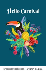 Template with flowers and toucan. Brazil carnival. Vector design for carnival concept and other use