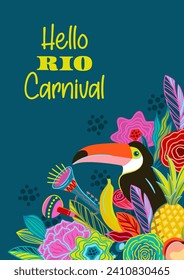 Template with flowers and toucan. Brazil carnival. Vector design for carnival concept and other use