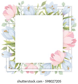 Template with flowers. Vector frame with blue and pink flowers