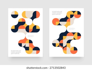 Plantilla con Formas geométricas fluidas. Fondos Abstractas de patrón geométrico Bauhaus con fusión metabólica. Diseño para flyer, póster o portada. 