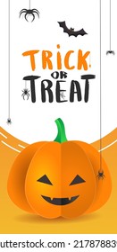 Template flyer with 3D paper pumpkins with Halloween faces. Banner, brochure