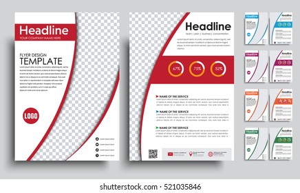 Template flyer A4 with space for a photo. brochure design in 5 color options with ribbons, icons and diagrams. Vector illustrations. Set