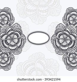 Template flyer or banner or frame or label with  Zen doodle or Zen tangle flowers black on white for invitation or congratulation for decorate package