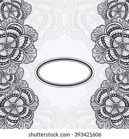 Template flyer or banner or frame or label with  Zen doodle or Zen tangle flowers black on white for invitation or congratulation for decorate package