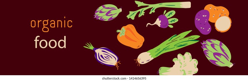 The template of flyer or banner for healthy natural organic food products, flat vector illustration. Concept for vegetarian festival, fair or  or green grocery store.