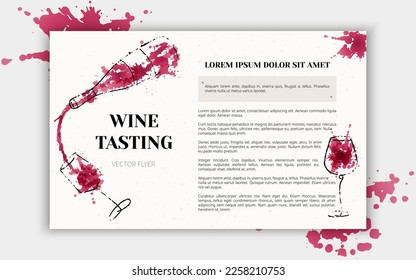 Template for flyer or banner of wine events. Liquid  watercolor effect illustration. Splashes of wine, liquid, drops. Vector design. Layout for wine list, invitation, event or party.