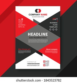 Volante de plantilla negro con elementos rojos para imprimir.  bloques de información, textos y código QR. Ilustración vectorial.