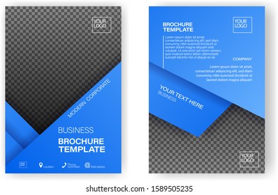 Template flyer blue. Design 2 page brochure with space for a photo, afress, phone number, text. Vector illustration. Template brochure vector illustration. Business brochure template