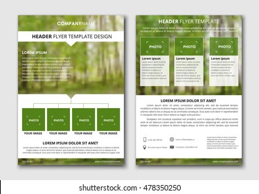 Template flyer (brochure) with blurred green background. Design with place for photo and text, advertising and printing. Vector illustration