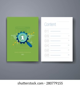 Template. Flyer, Brochure Design set. Brochure design templates collection. Search engine optimization process vector illustration. Flat design icons concept for seo and sem concept .